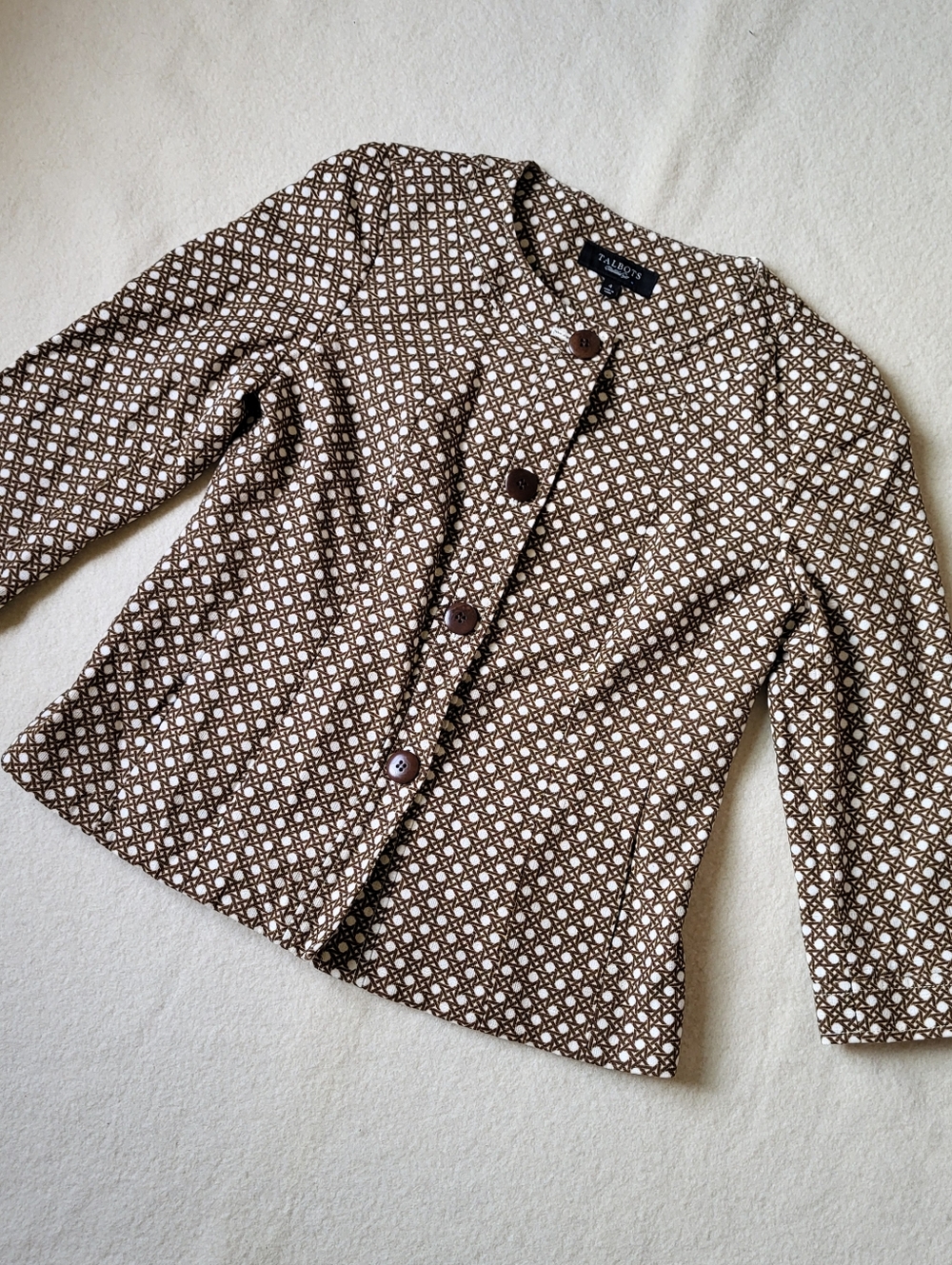 Talbots Cotton Jacket Womens Size 4 Button Front Brown White Wicker Print Lined